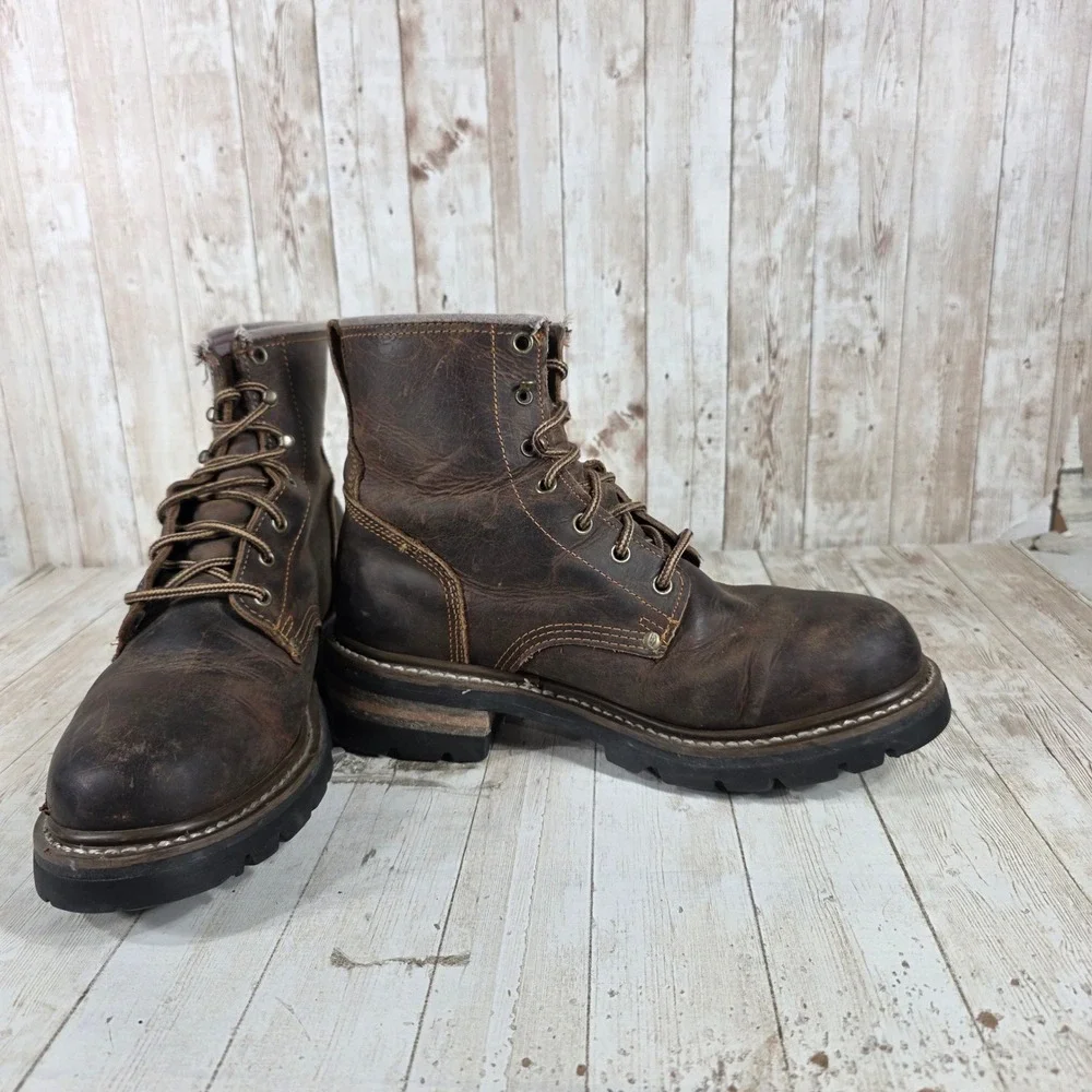 Mens Brown Leather Lace Up Work Boots Rugged Durable Construction‎ Size 9
